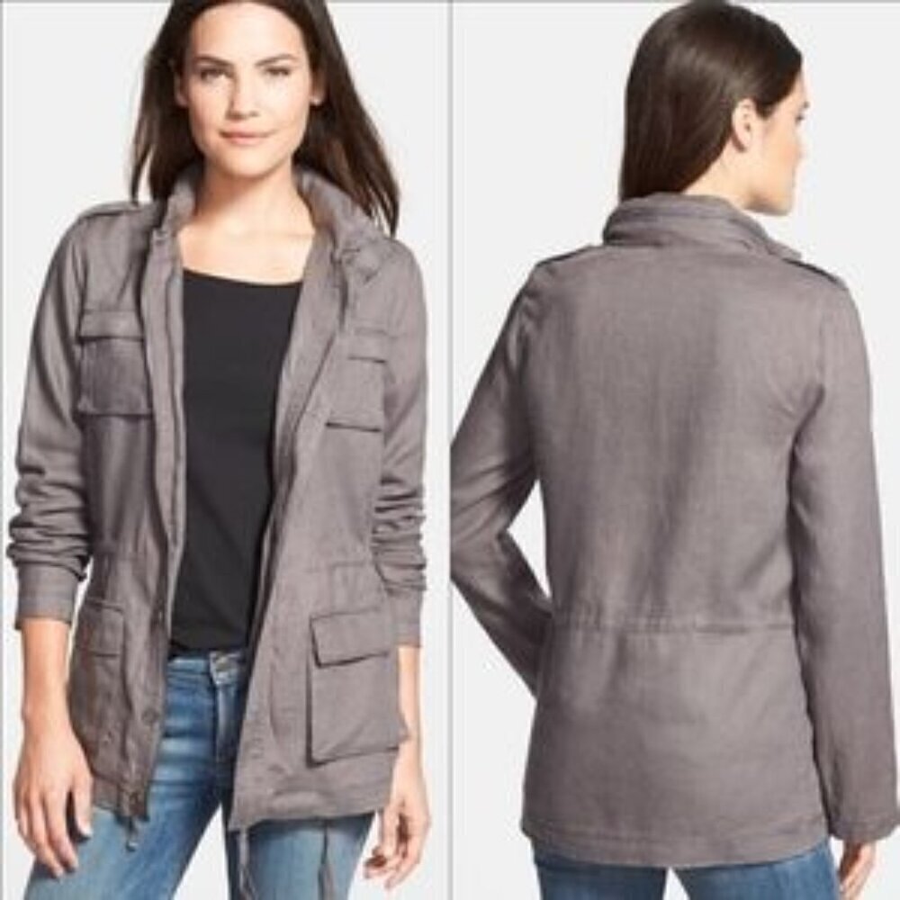 Olivia Moon Women's 100% Linen Khaki Green Hooded Cargo Utility Jacket M NEW